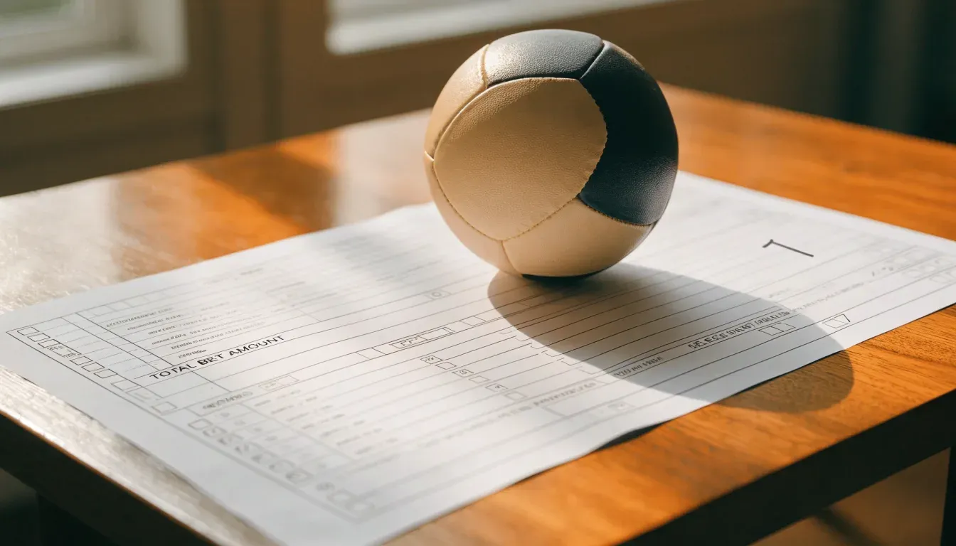Un pallone da calcio appoggiato su una schedina bianca su un tavolo di legno, alla luce del giorno