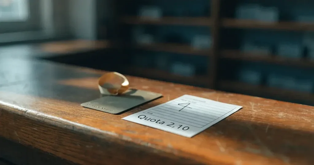 Un biglietto regalo con un nastro dorato accanto a una schedina su un bancone di legno