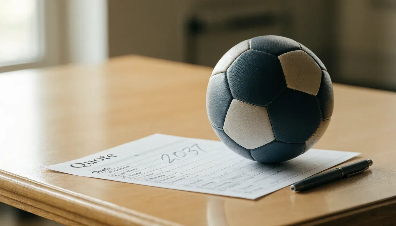 Un pallone da calcio appoggiato su una schedina bianca su un tavolo di legno, alla luce del giorno
