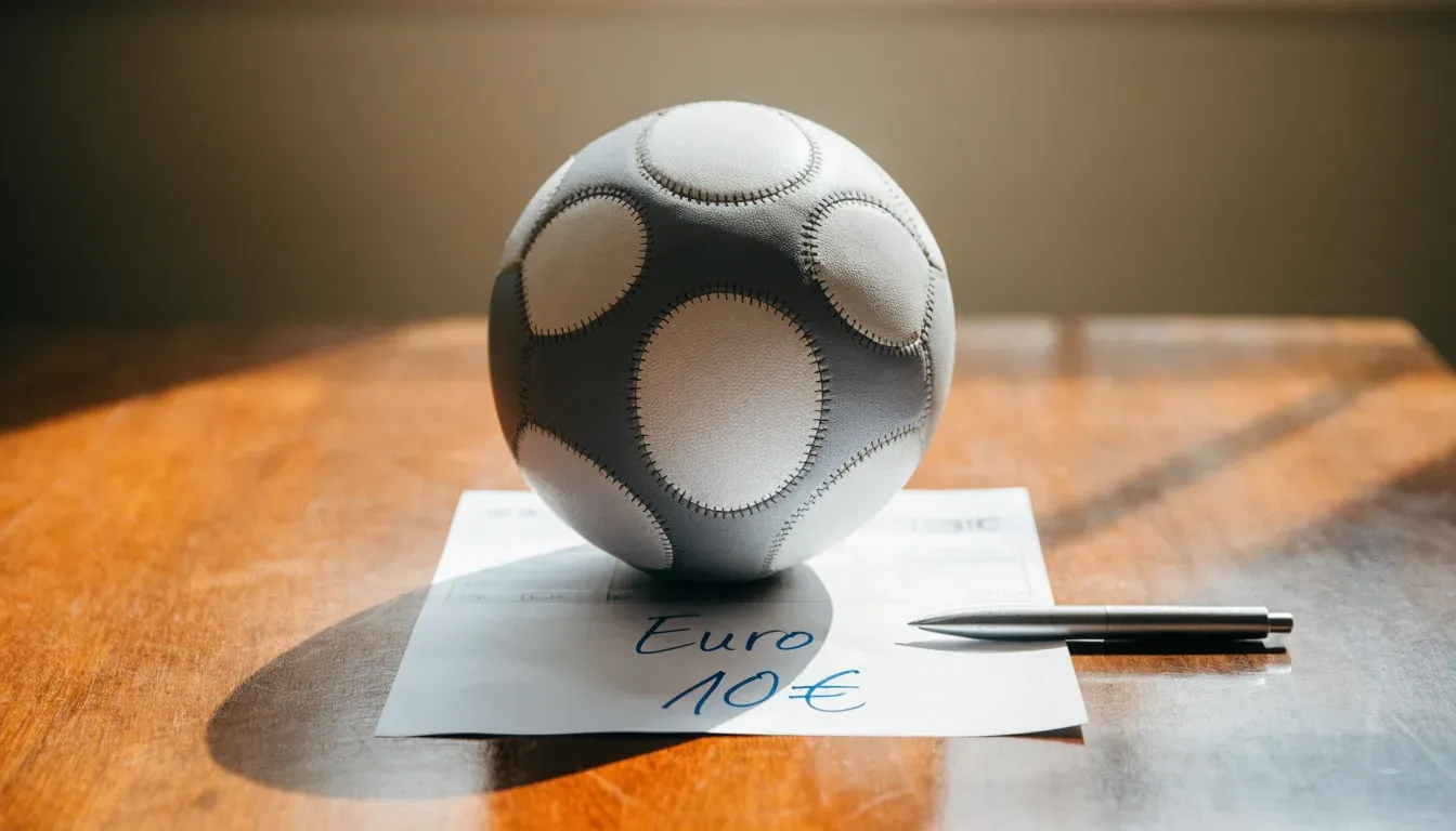 Un pallone da calcio appoggiato su una schedina bianca su un tavolo di legno, alla luce del giorno
