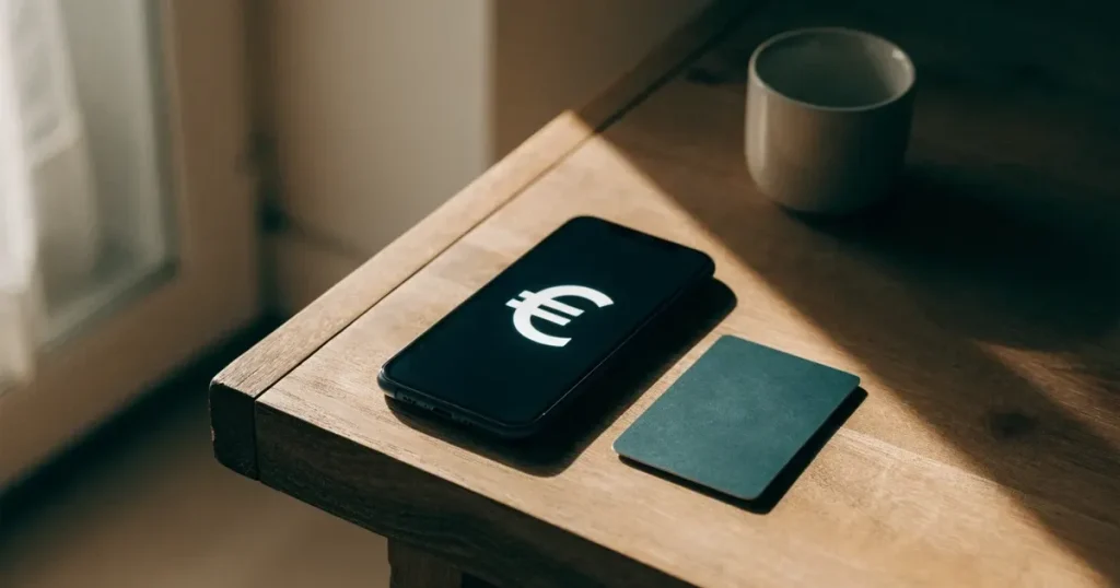 Uno smartphone e una carta di pagamento affiancati su un tavolo di legno, con alcune banconote da euro accanto