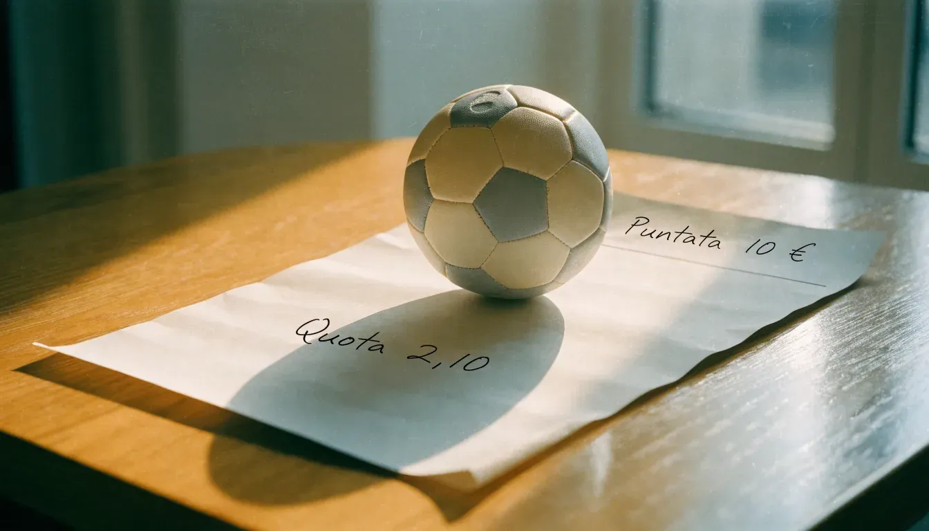 Un pallone da calcio appoggiato su una schedina bianca su un tavolo di legno, alla luce del giorno