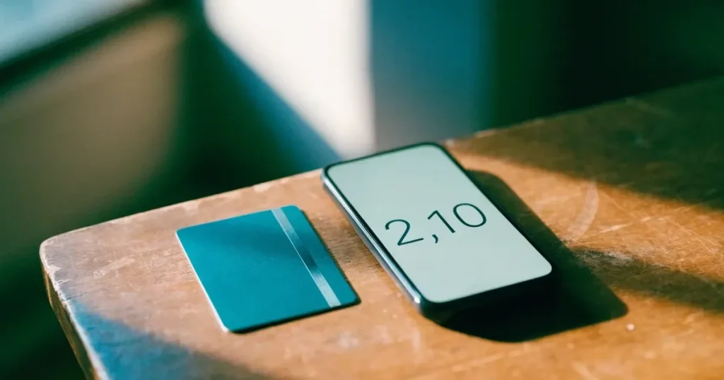 Uno smartphone e una carta di pagamento affiancati su un tavolo di legno, con alcune banconote da euro accanto