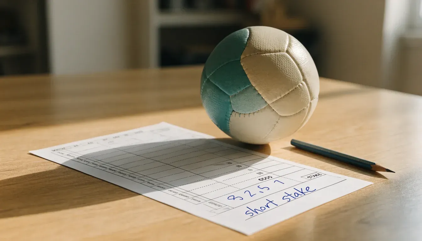 Un pallone da calcio appoggiato su una schedina bianca su un tavolo di legno, alla luce del giorno