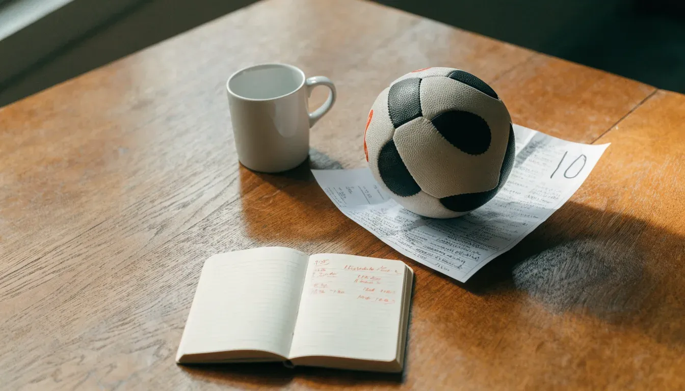Un pallone da calcio appoggiato su una schedina bianca su un tavolo di legno, alla luce del giorno