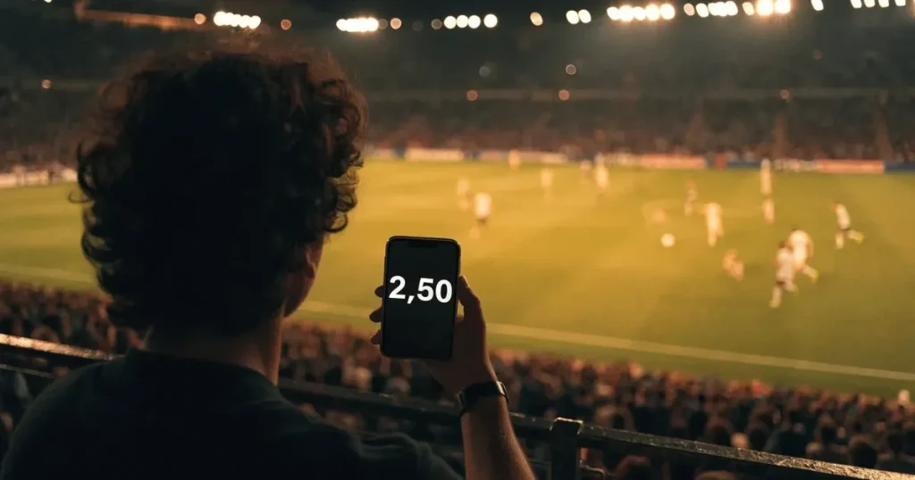 Un tabellone elettronico di uno stadio con il risultato a metà del secondo tempo, visto dalle tribune
