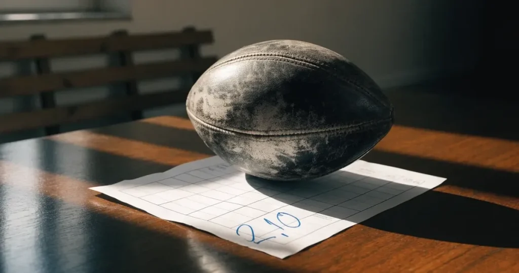 Un pallone da calcio appoggiato su una schedina bianca su un tavolo di legno, alla luce del giorno