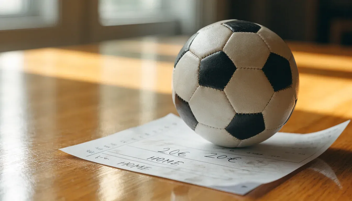 Un pallone da calcio appoggiato su una schedina bianca su un tavolo di legno, alla luce del giorno