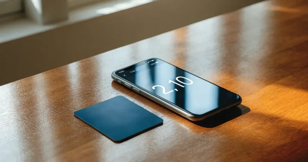 Uno smartphone e una carta di pagamento affiancati su un tavolo di legno, con alcune banconote da euro accanto