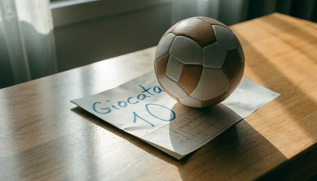 Un pallone da calcio appoggiato su una schedina bianca su un tavolo di legno, alla luce del giorno