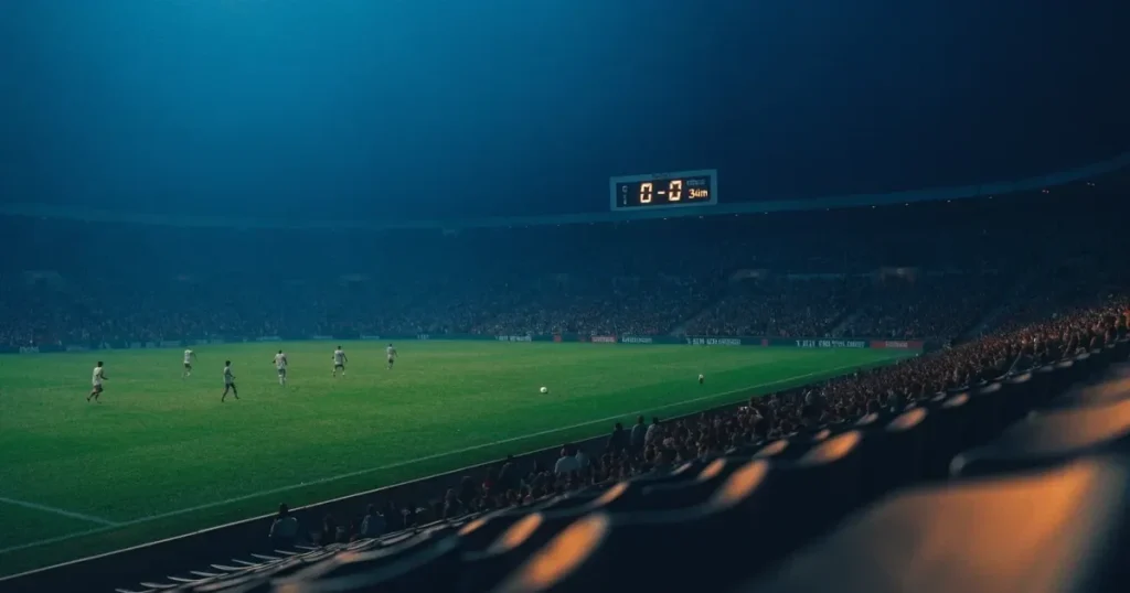 Un tabellone elettronico di uno stadio con il risultato a metà del secondo tempo, visto dalle tribune