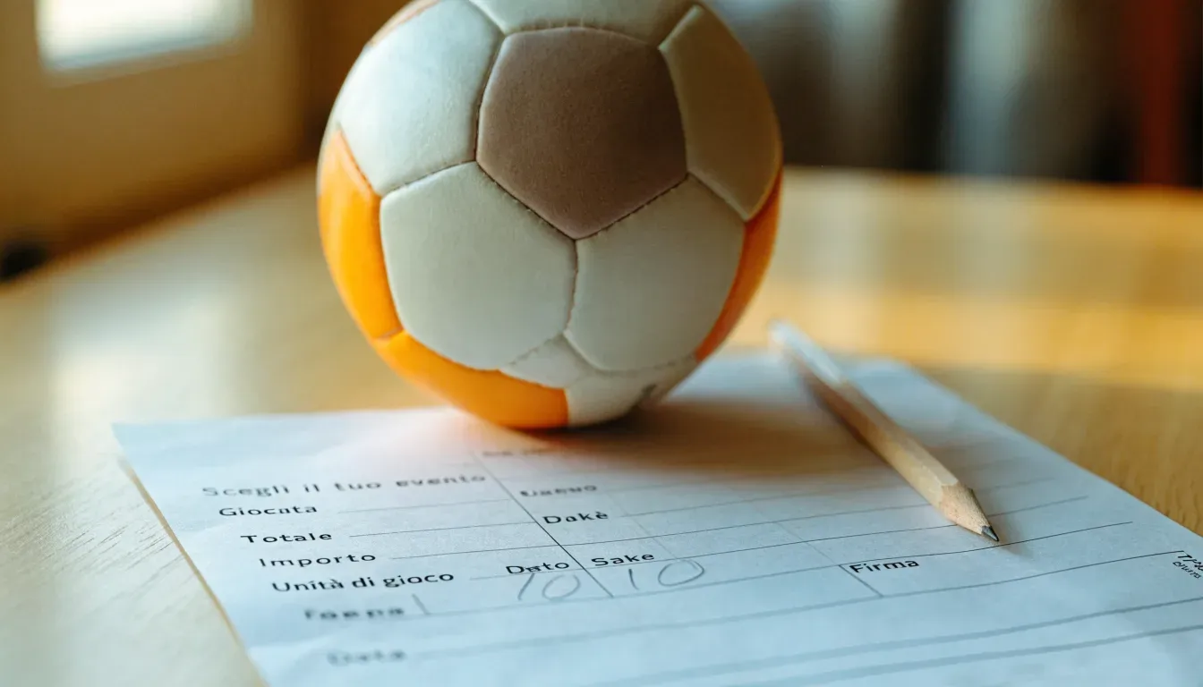 Un pallone da calcio appoggiato su una schedina bianca su un tavolo di legno, alla luce del giorno