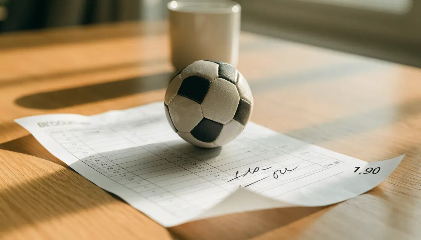 Un pallone da calcio appoggiato su una schedina bianca su un tavolo di legno, alla luce del giorno