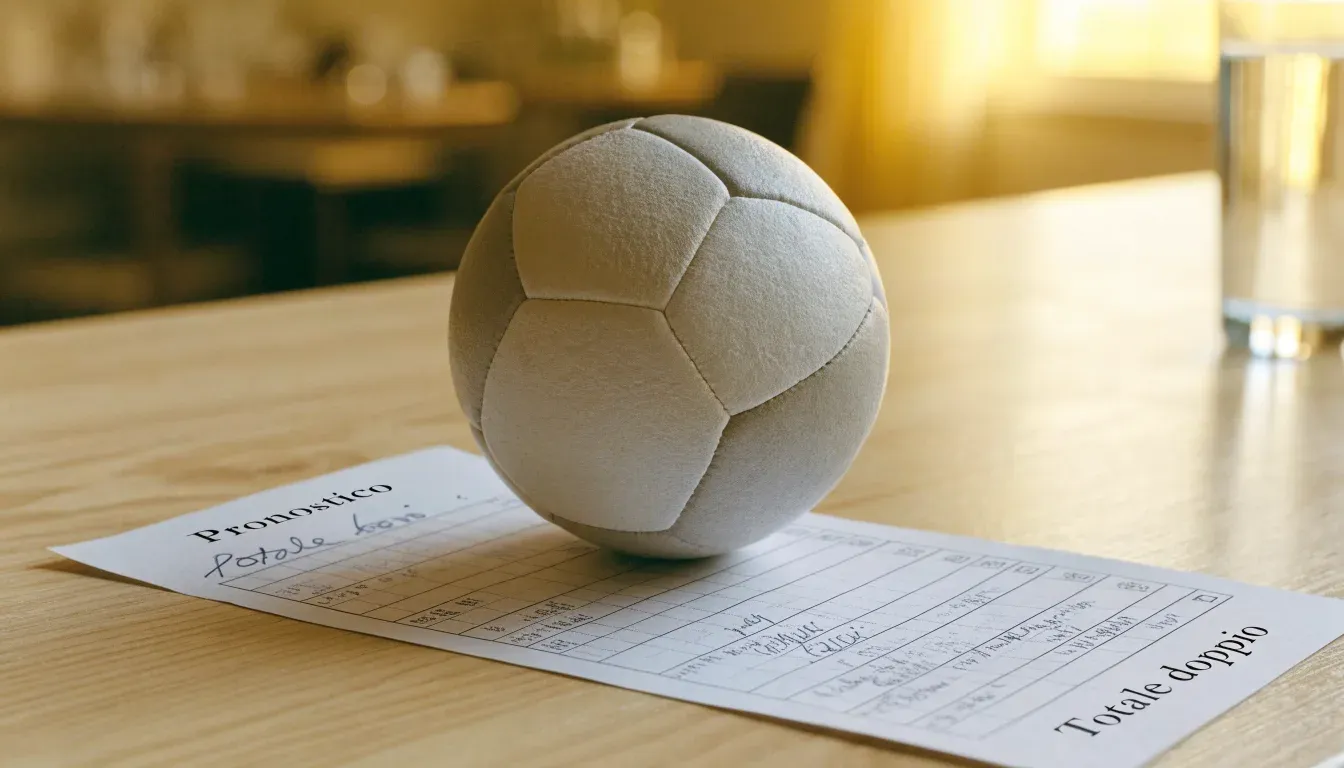 Un pallone da calcio appoggiato su una schedina bianca su un tavolo di legno, alla luce del giorno