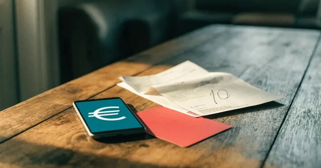 Uno smartphone e una carta di pagamento affiancati su un tavolo di legno, con alcune banconote da euro accanto