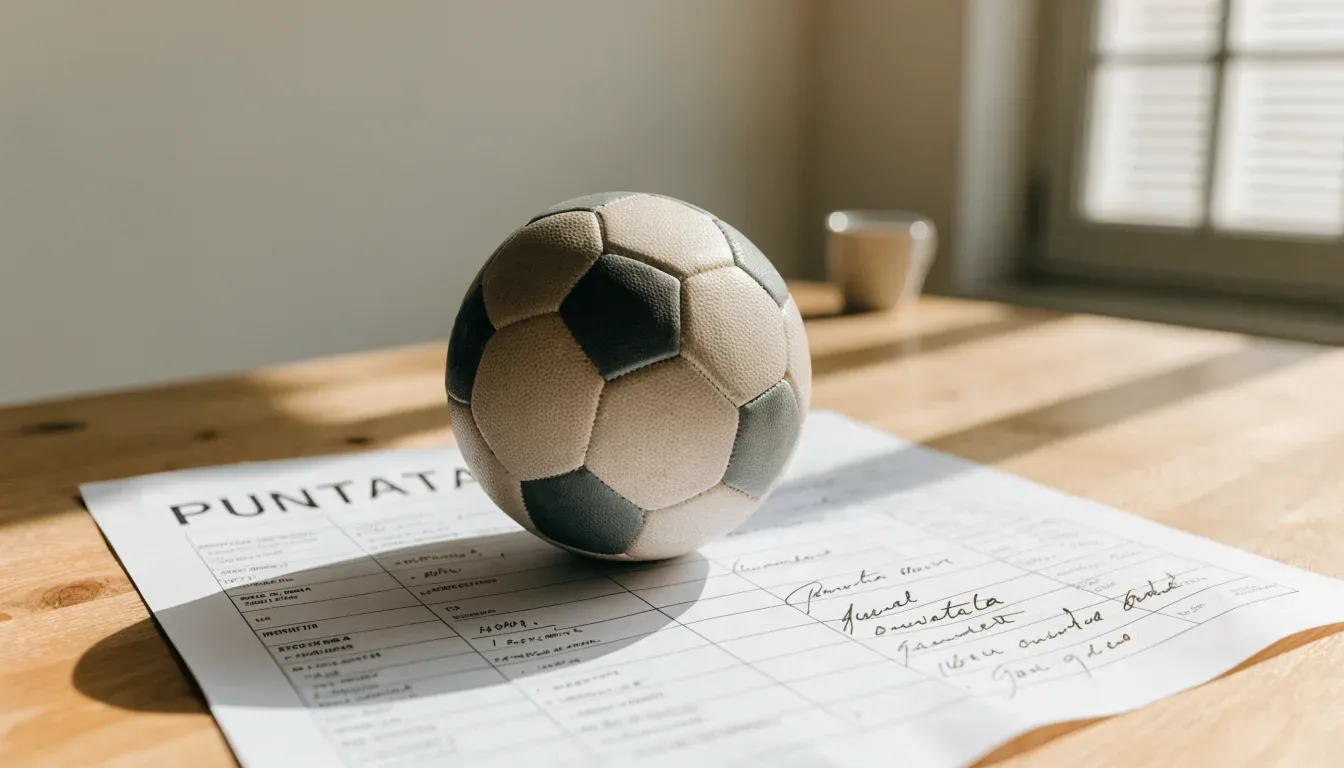 Un pallone da calcio appoggiato su una schedina bianca su un tavolo di legno, alla luce del giorno