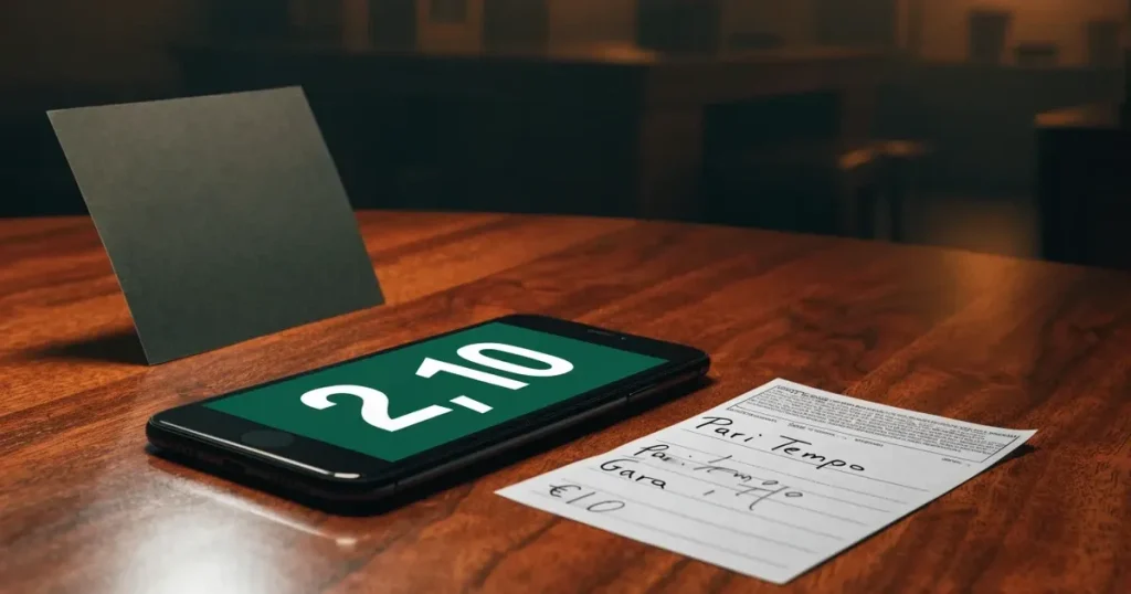 Una moneta fisica di bitcoin accanto a uno smartphone con una schedina sullo schermo, su un tavolo scuro