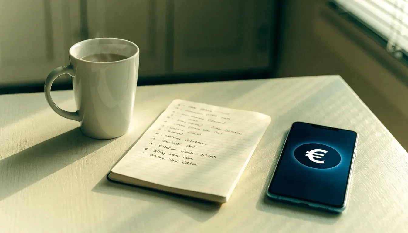 Un documento di identità appoggiato accanto a uno smartphone con un timer sullo schermo, su un tavolo da cucina