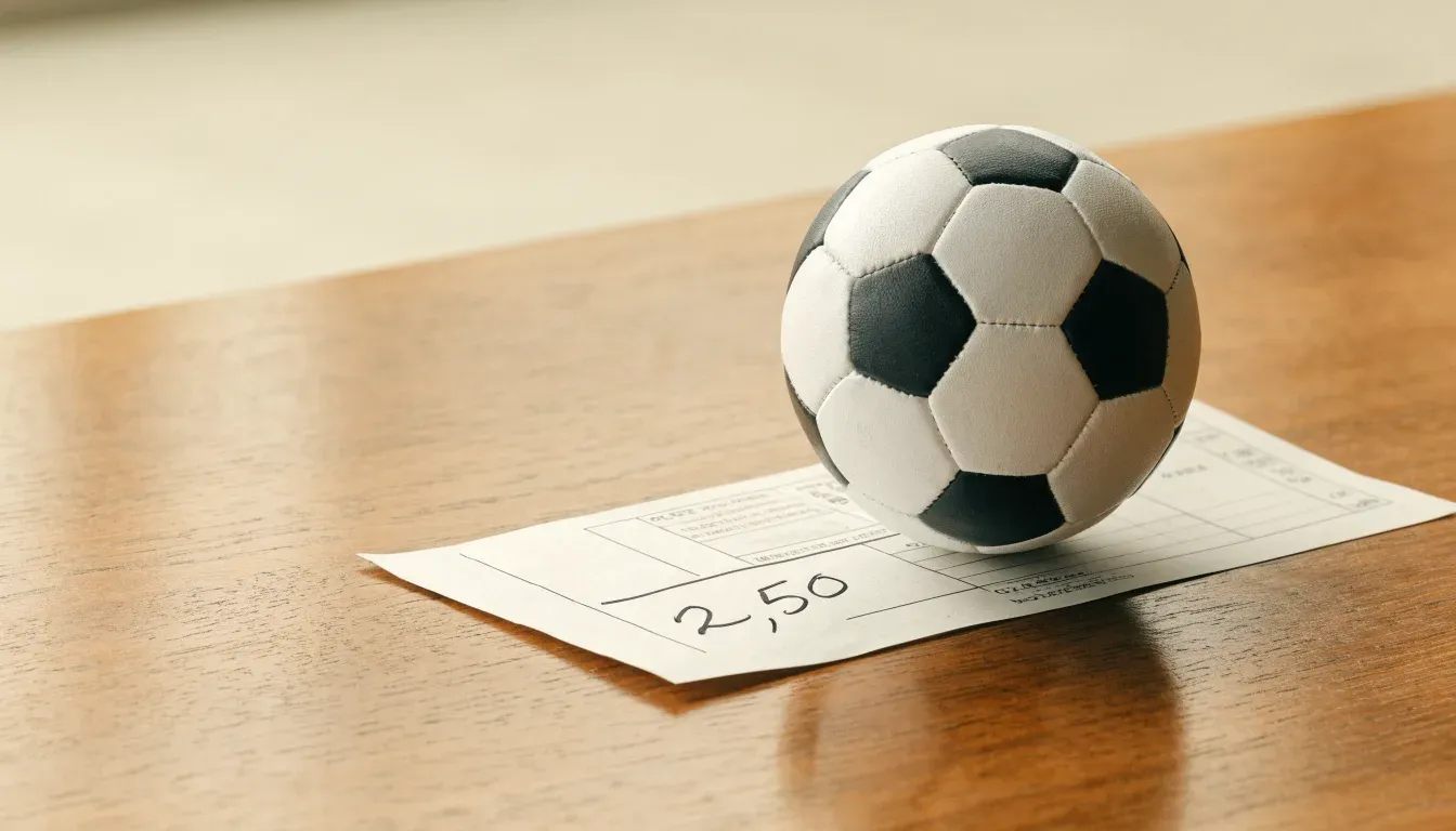 Un pallone da calcio appoggiato su una schedina bianca su un tavolo di legno, alla luce del giorno