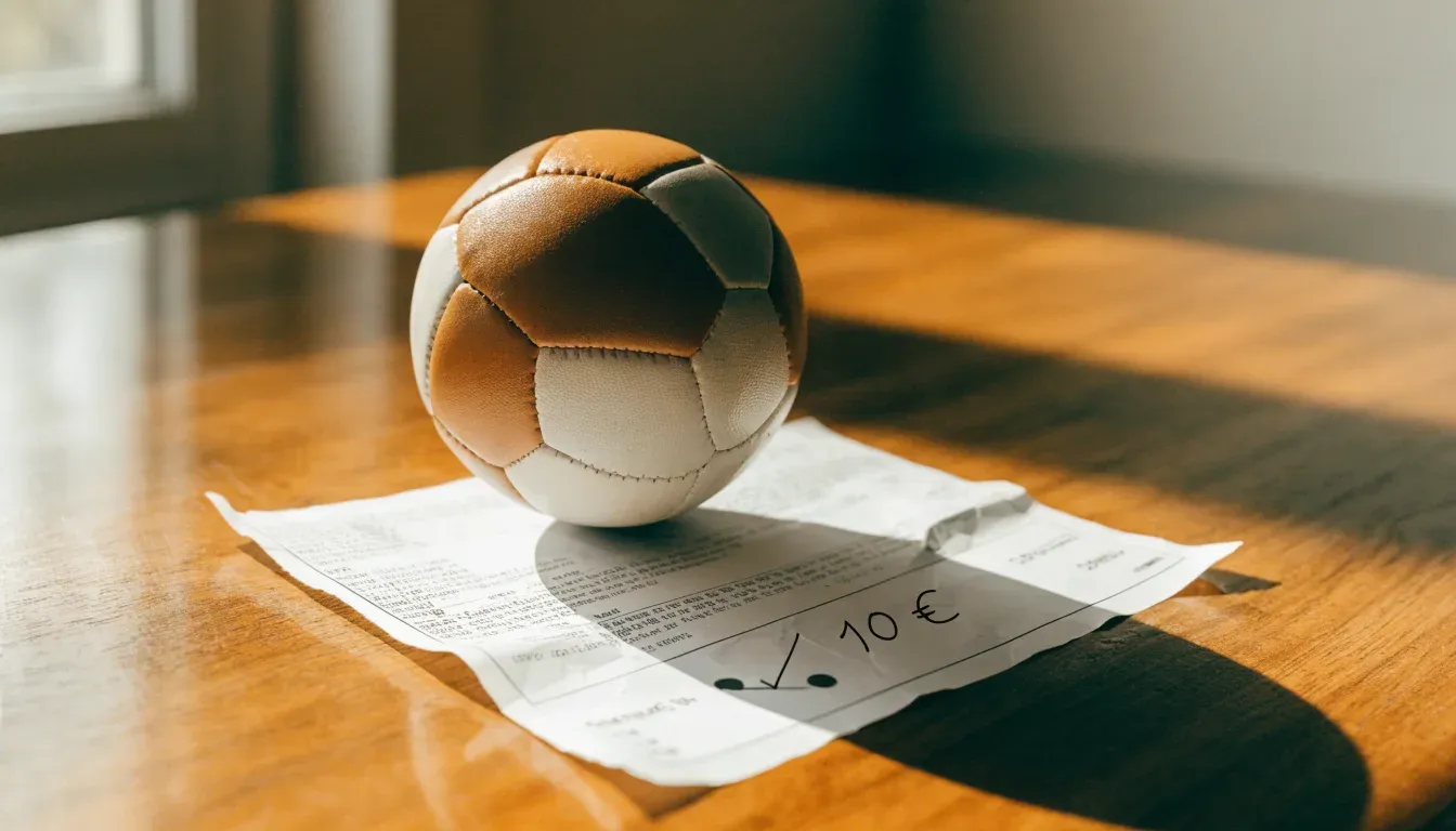 Un pallone da calcio appoggiato su una schedina bianca su un tavolo di legno, alla luce del giorno