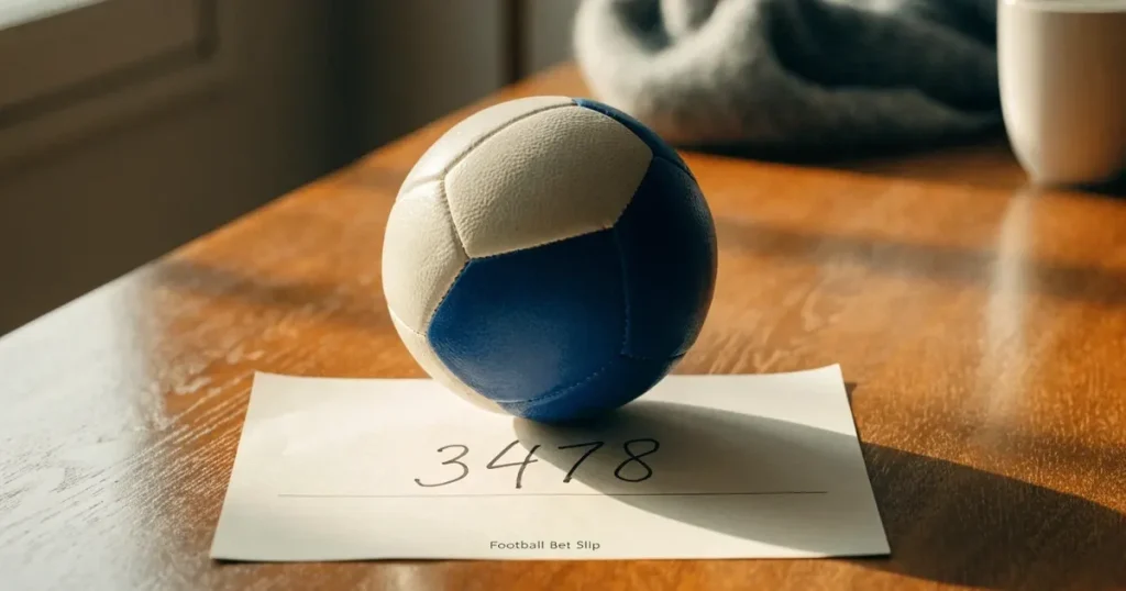 Un pallone da calcio appoggiato su una schedina bianca su un tavolo di legno, alla luce del giorno