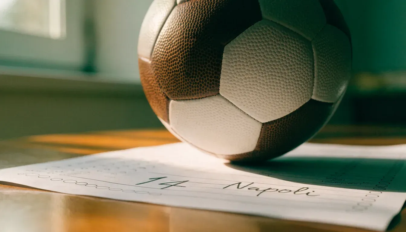 Un pallone da calcio appoggiato su una schedina bianca su un tavolo di legno, alla luce del giorno