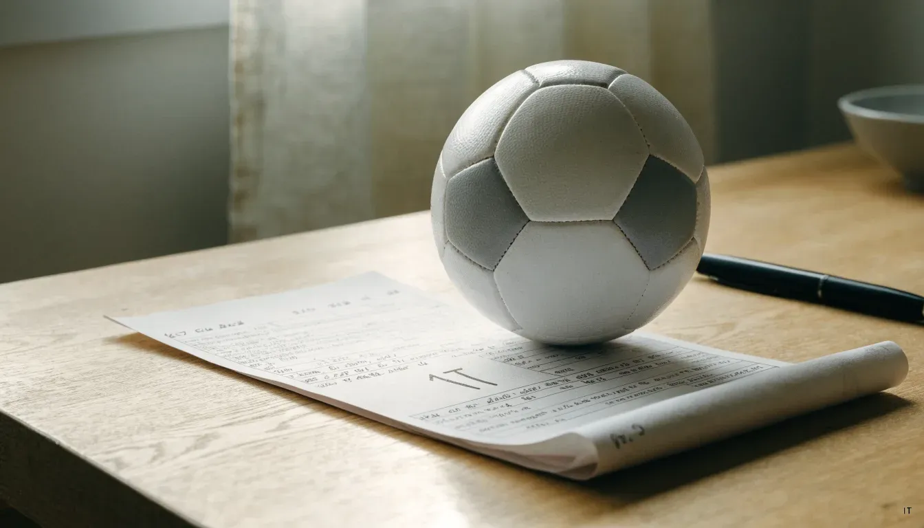 Un pallone da calcio appoggiato su una schedina bianca su un tavolo di legno, alla luce del giorno