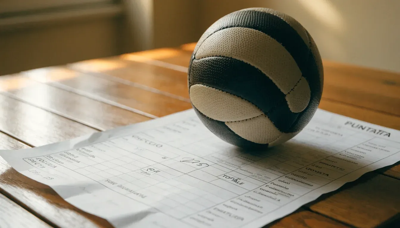 Un pallone da calcio appoggiato su una schedina bianca su un tavolo di legno, alla luce del giorno