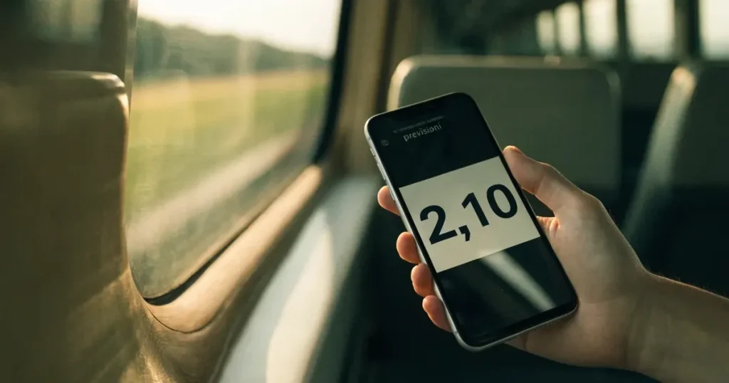 Una mano che tiene uno smartphone con una scommessa sullo schermo, su un treno nel tardo pomeriggio