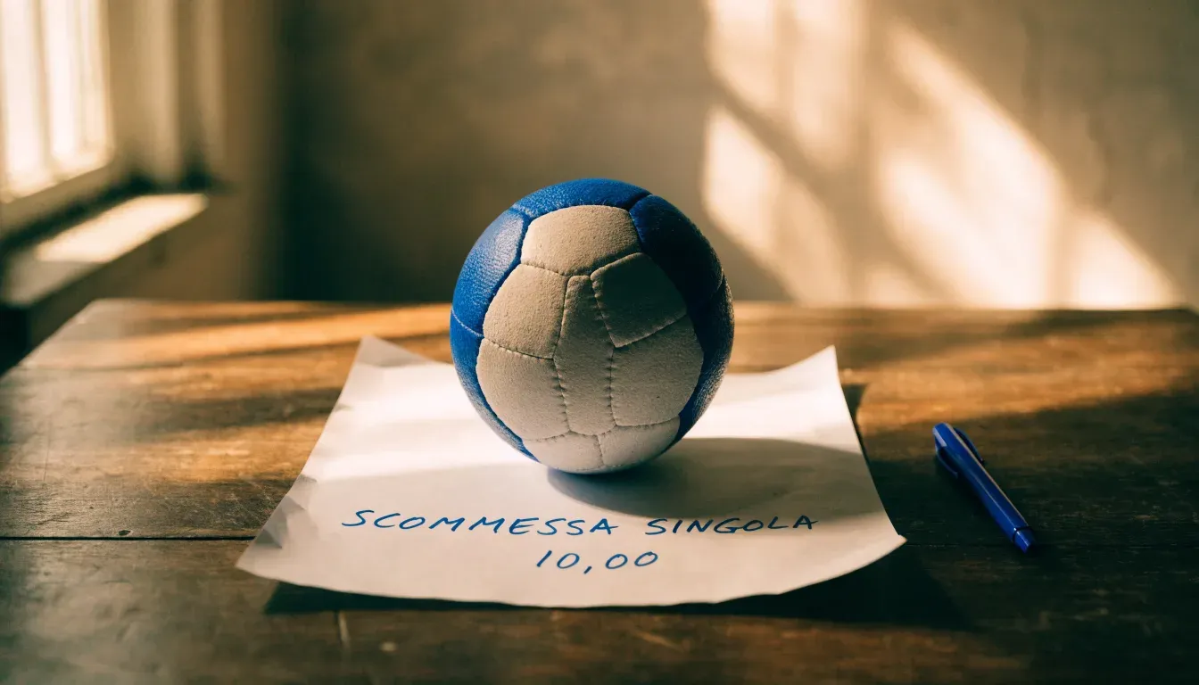 Un pallone da calcio appoggiato su una schedina bianca su un tavolo di legno, alla luce del giorno