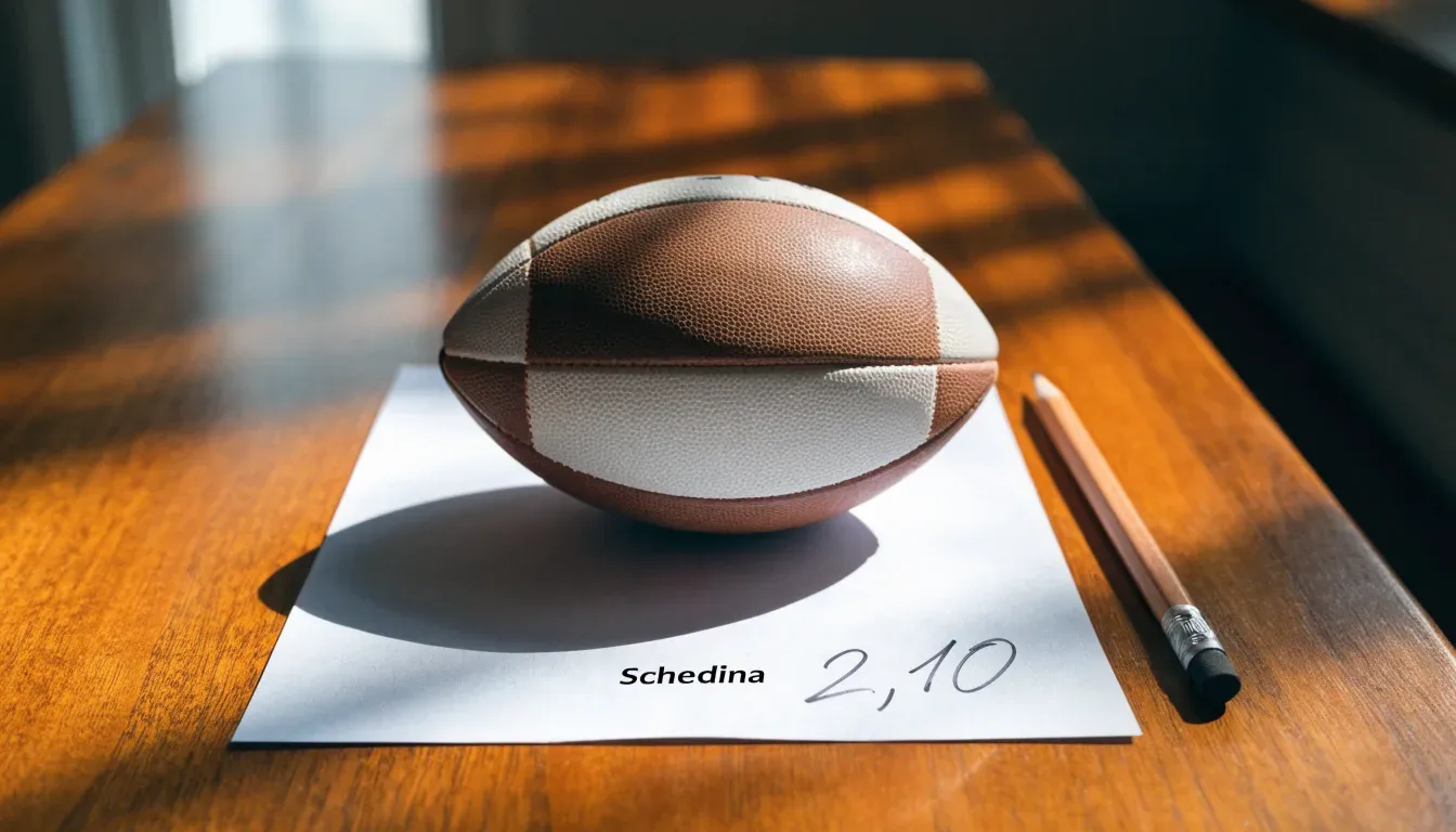 Un pallone da calcio appoggiato su una schedina bianca su un tavolo di legno, alla luce del giorno