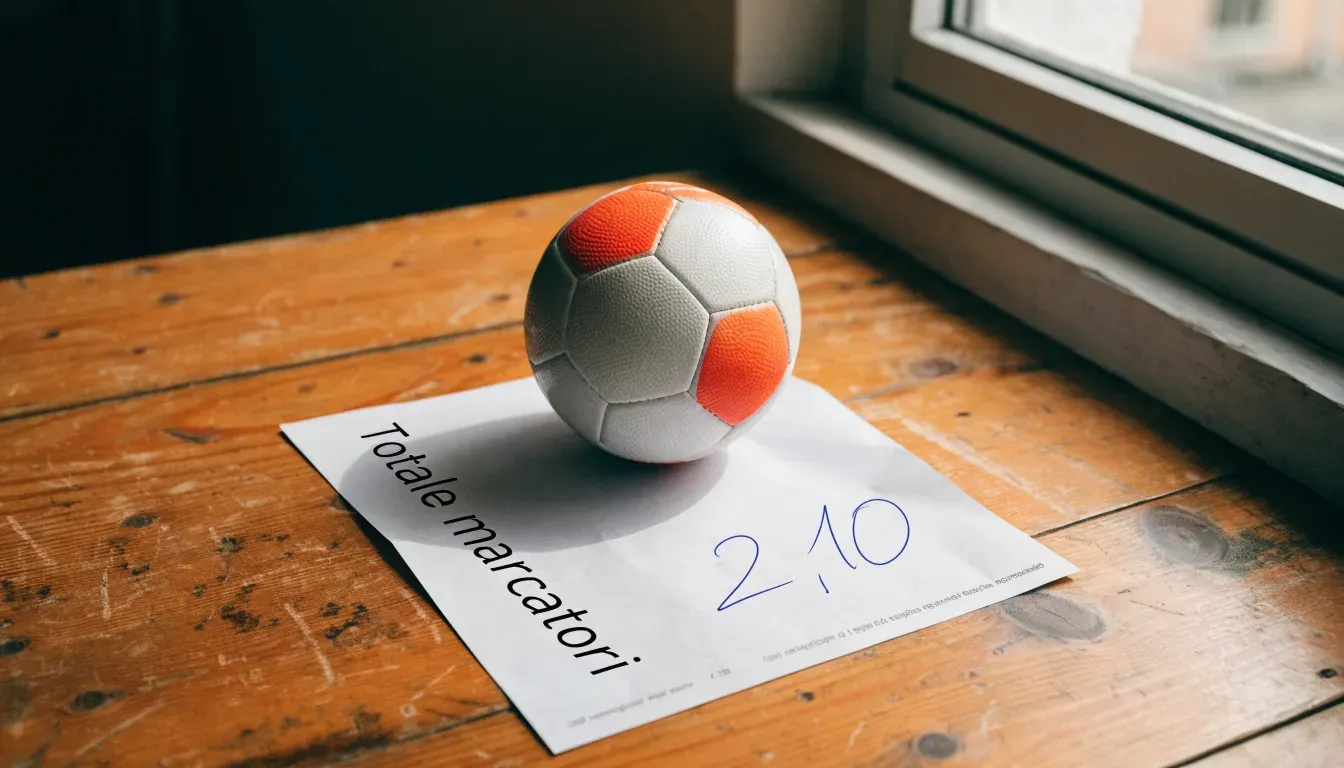 Un pallone da calcio appoggiato su una schedina bianca su un tavolo di legno, alla luce del giorno