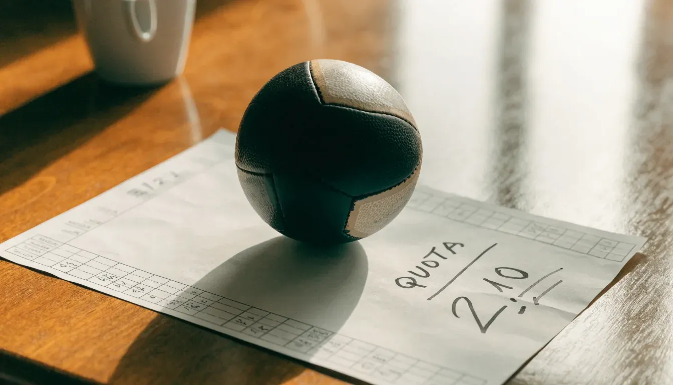 Un pallone da calcio appoggiato su una schedina bianca su un tavolo di legno, alla luce del giorno