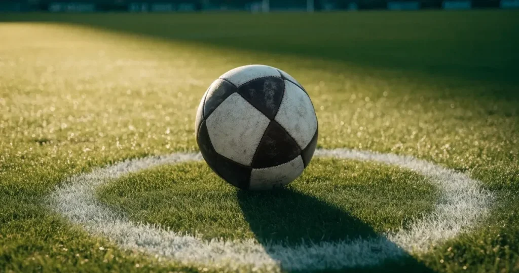 Un pallone da calcio sul dischetto del centrocampo di un prato, alla luce del mattino