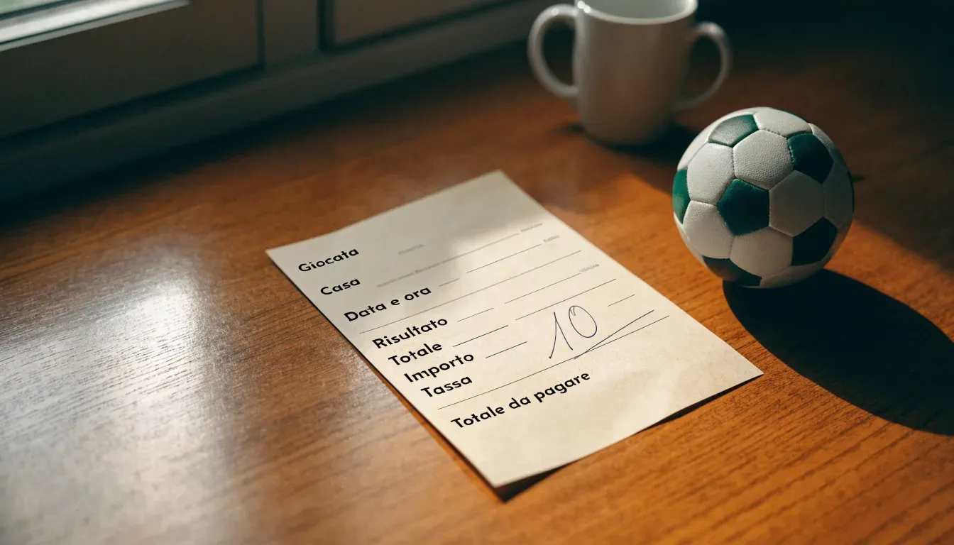 Un pallone da calcio appoggiato su una schedina bianca su un tavolo di legno, alla luce del giorno