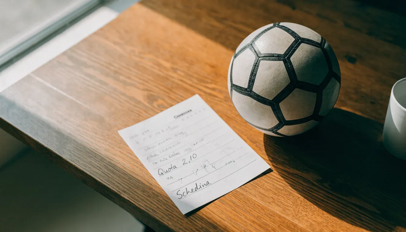 Un pallone da calcio appoggiato su una schedina bianca su un tavolo di legno, alla luce del giorno