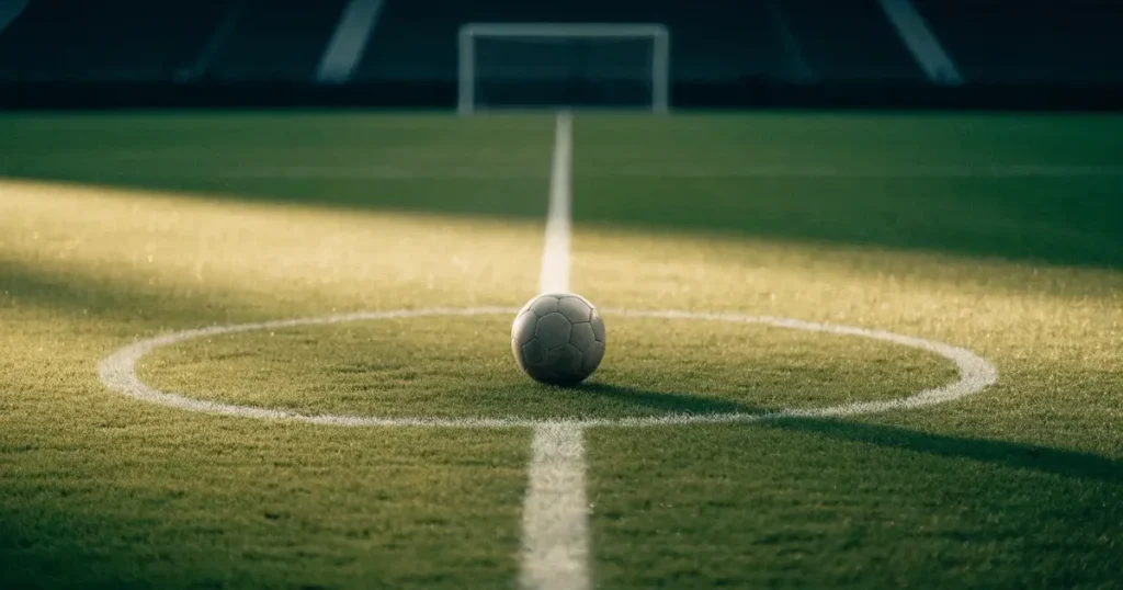 Un pallone da calcio sul dischetto del centrocampo di un prato, alla luce del mattino
