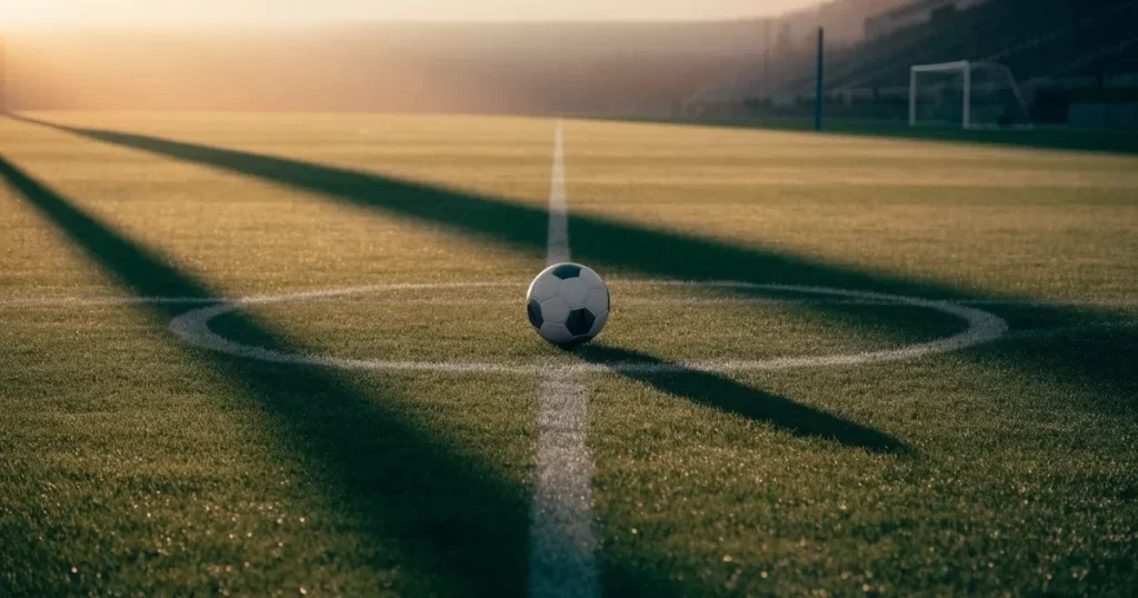 Un pallone da calcio sul dischetto del centrocampo di un prato, alla luce del mattino