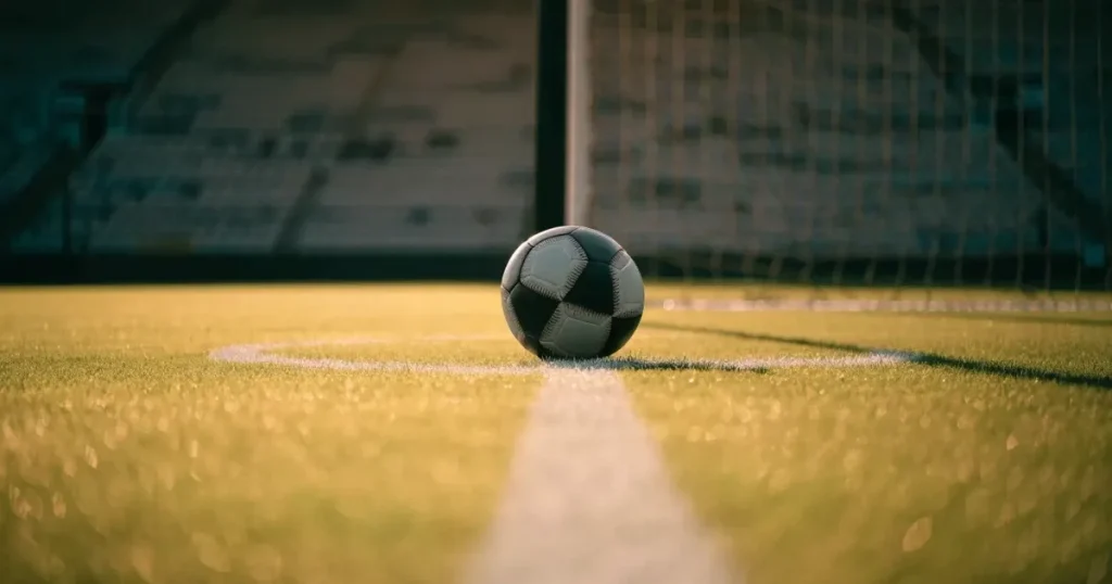Un pallone da calcio sul dischetto del centrocampo di un prato, alla luce del mattino