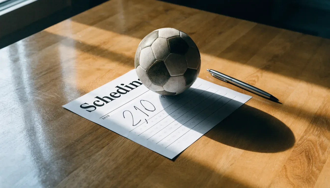 Un pallone da calcio appoggiato su una schedina bianca su un tavolo di legno, alla luce del giorno