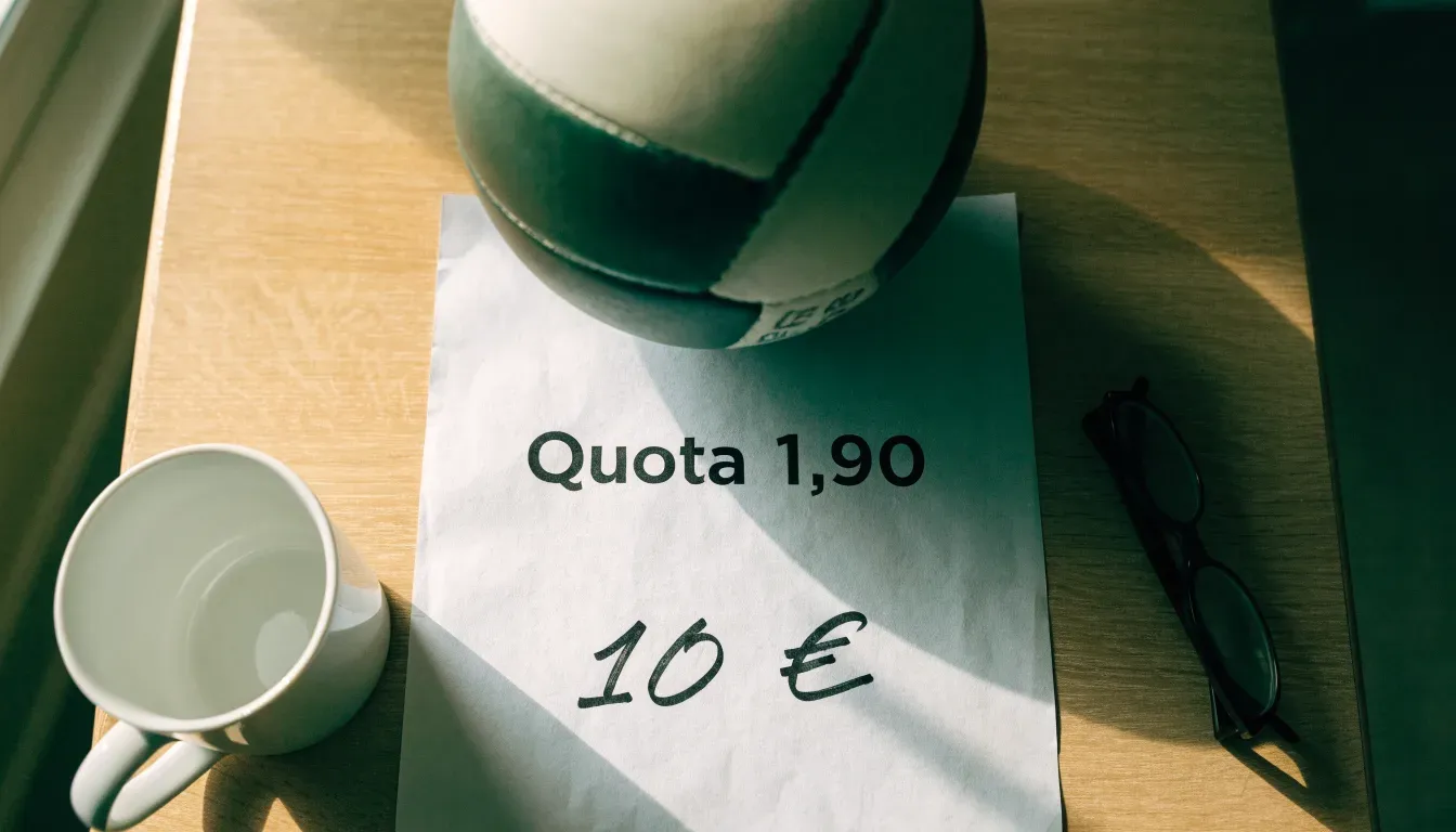 Un pallone da calcio appoggiato su una schedina bianca su un tavolo di legno, alla luce del giorno