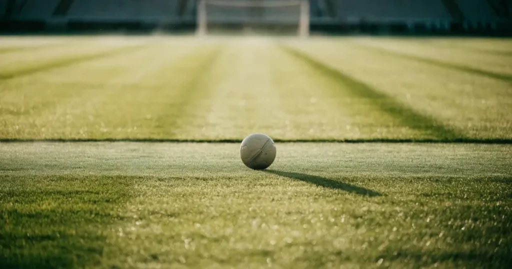 Un pallone da calcio sul dischetto del centrocampo di un prato, alla luce del mattino