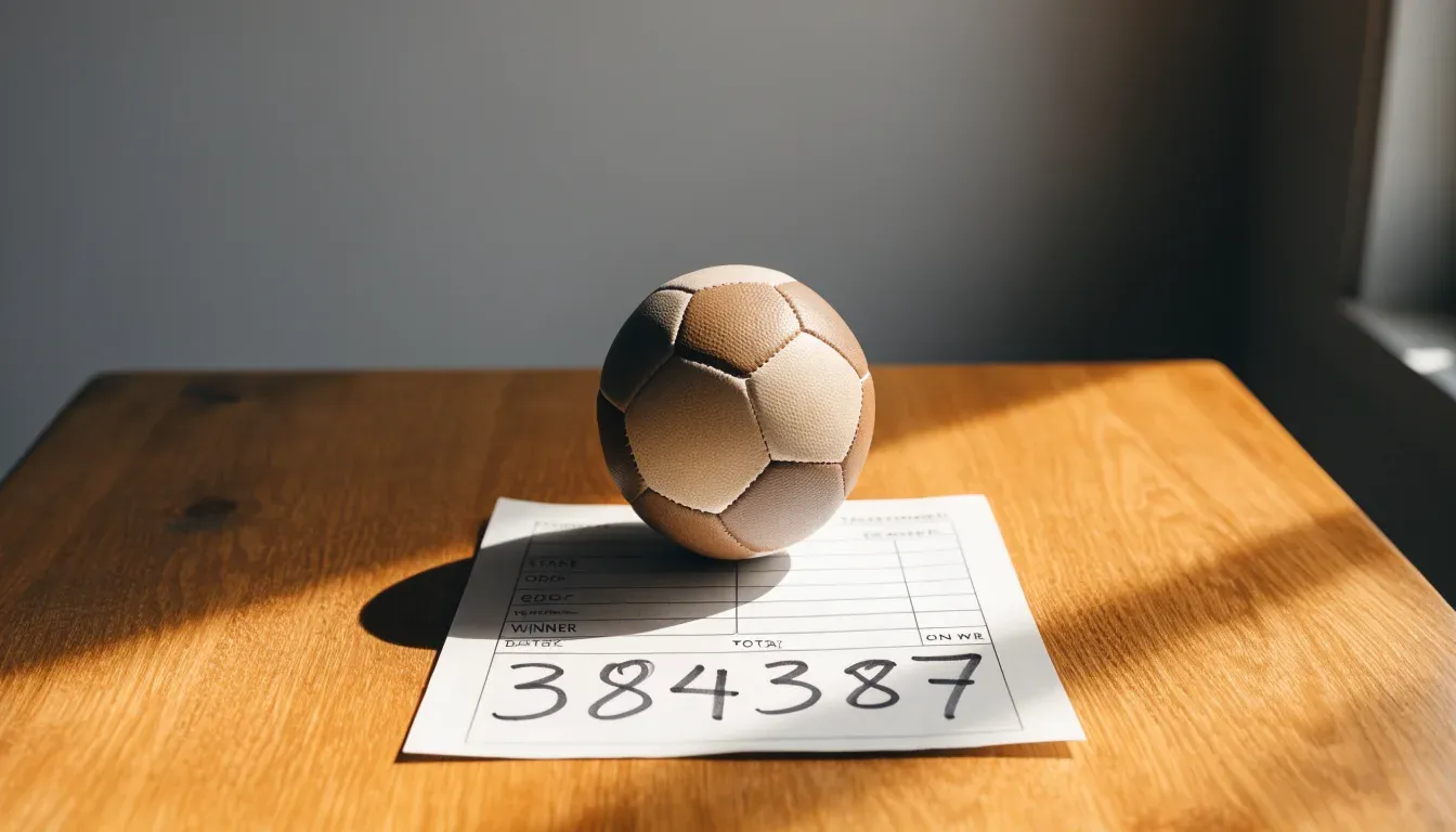 Un pallone da calcio appoggiato su una schedina bianca su un tavolo di legno, alla luce del giorno