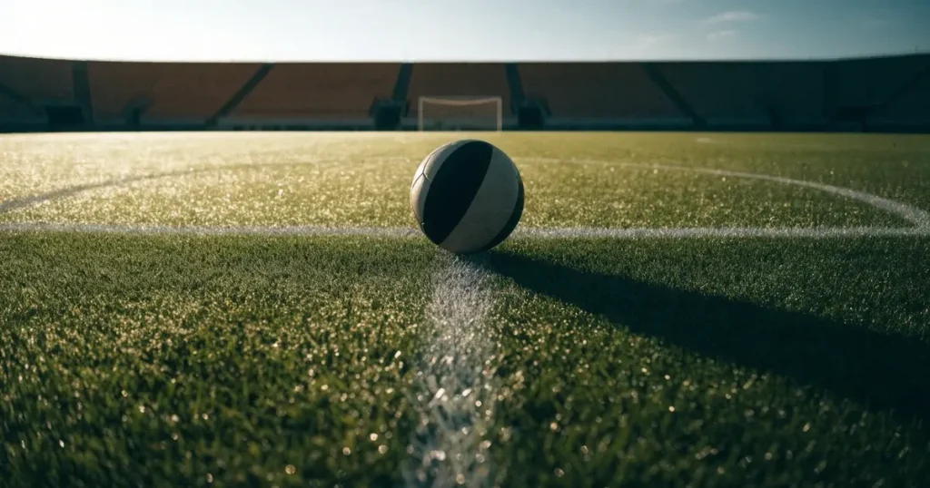 Un pallone da calcio sul dischetto del centrocampo di un prato, alla luce del mattino