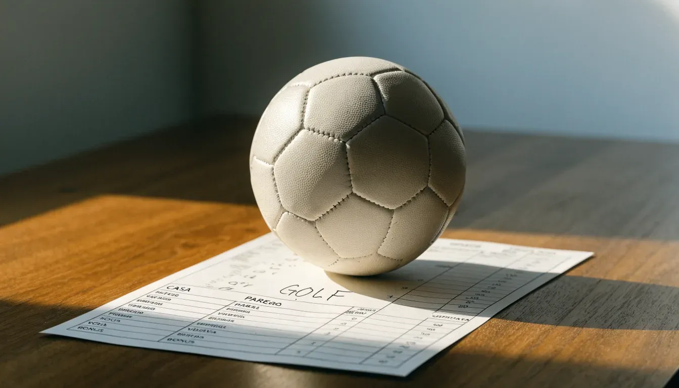 Un pallone da calcio appoggiato su una schedina bianca su un tavolo di legno, alla luce del giorno