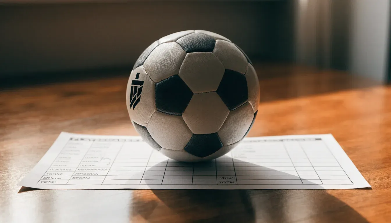 Un pallone da calcio appoggiato su una schedina bianca su un tavolo di legno, alla luce del giorno