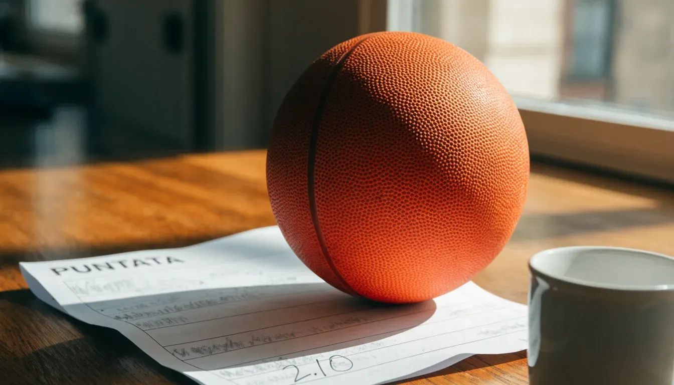 Un pallone da calcio appoggiato su una schedina bianca su un tavolo di legno, alla luce del giorno