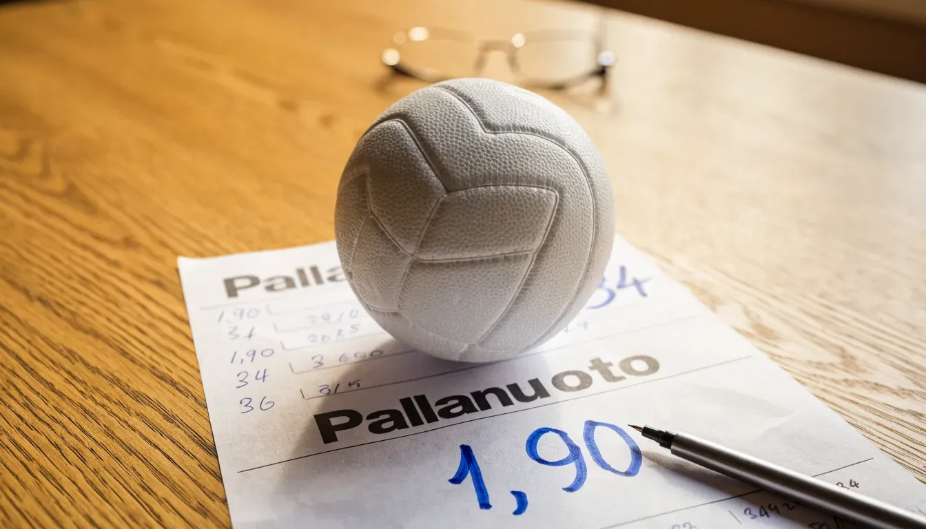 Un pallone da calcio appoggiato su una schedina bianca su un tavolo di legno, alla luce del giorno
