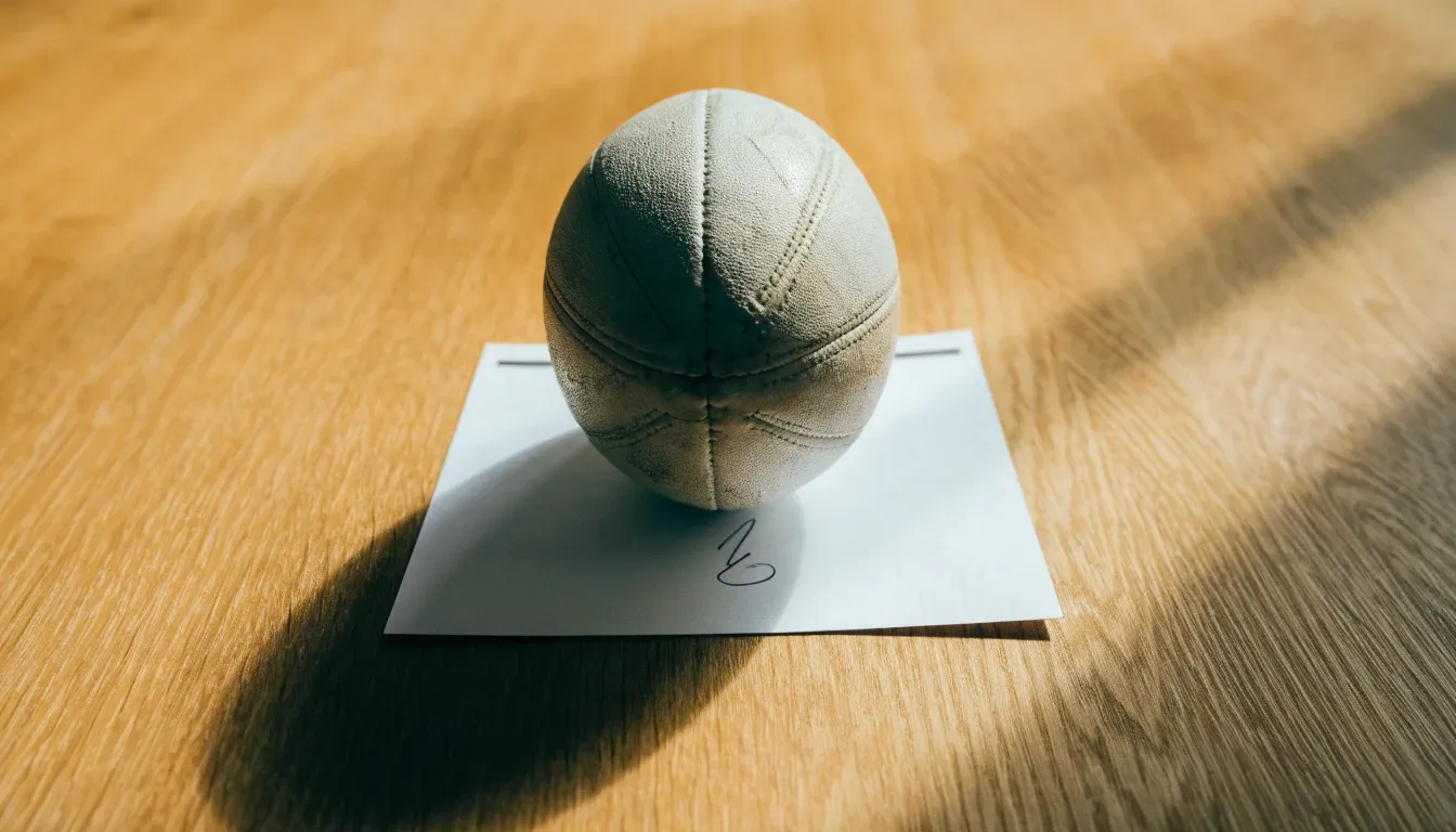 Un pallone da calcio appoggiato su una schedina bianca su un tavolo di legno, alla luce del giorno
