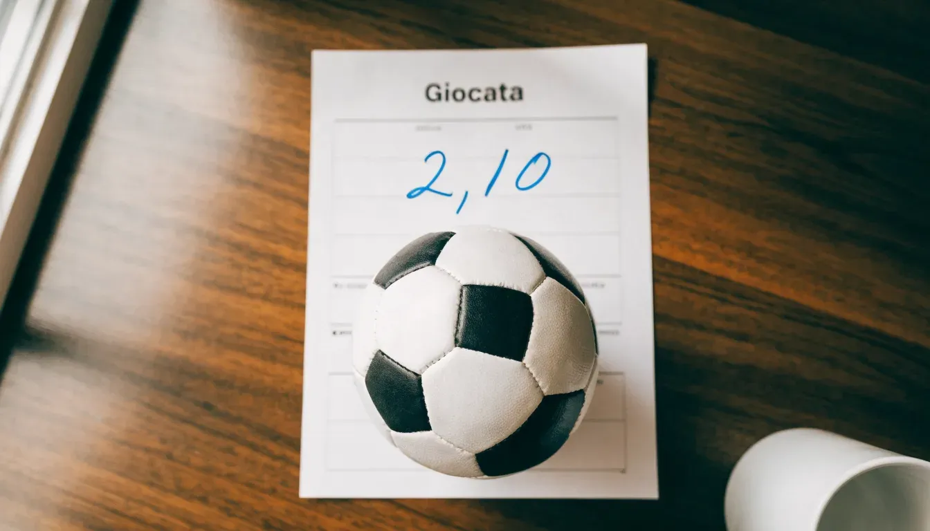 Un pallone da calcio appoggiato su una schedina bianca su un tavolo di legno, alla luce del giorno